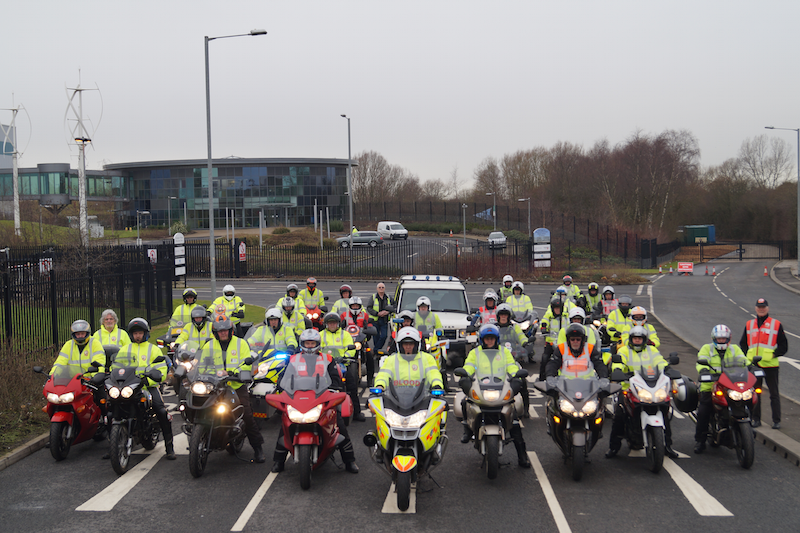 Group of blood bikers with liveried and non-liveried bikes.
